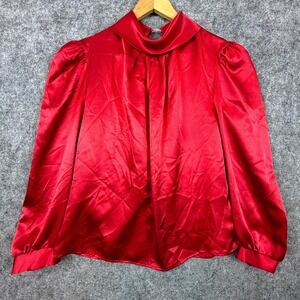 Vintage Ellen-D Kollection Office Blouse Womens Large Red Satin Siren Silky Luxe